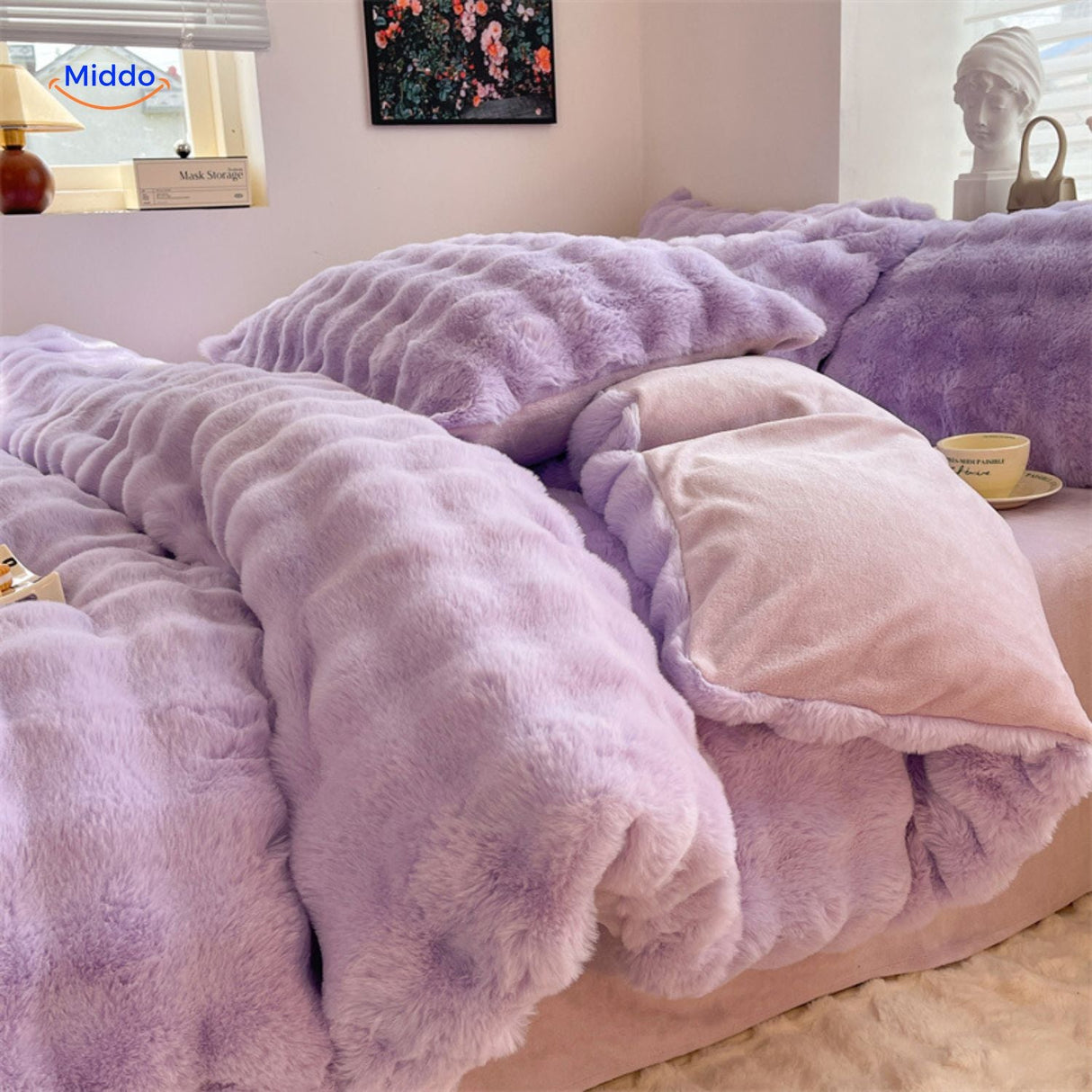 Purple plush rabbit fur duvet cover set with pillows.