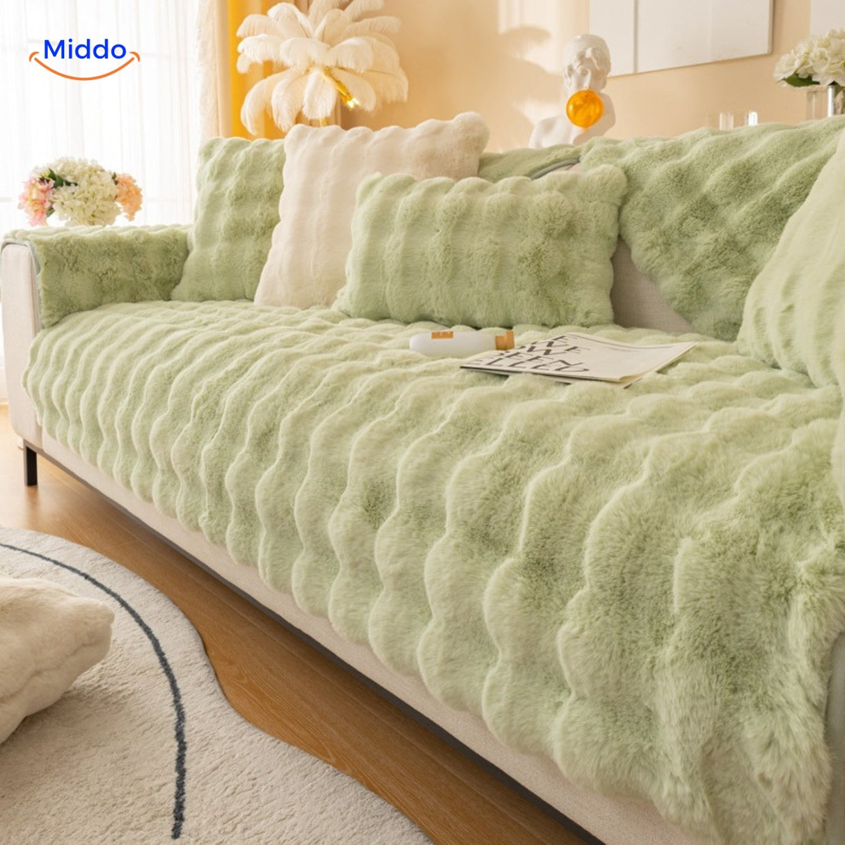 Light green plush sofa cover with cushions adds fresh, nature-inspired home comfort.