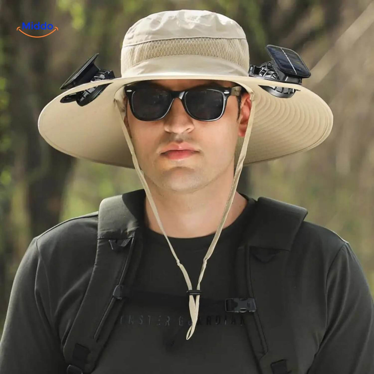 Solar fan hat with wide brim and UV protection in front view.