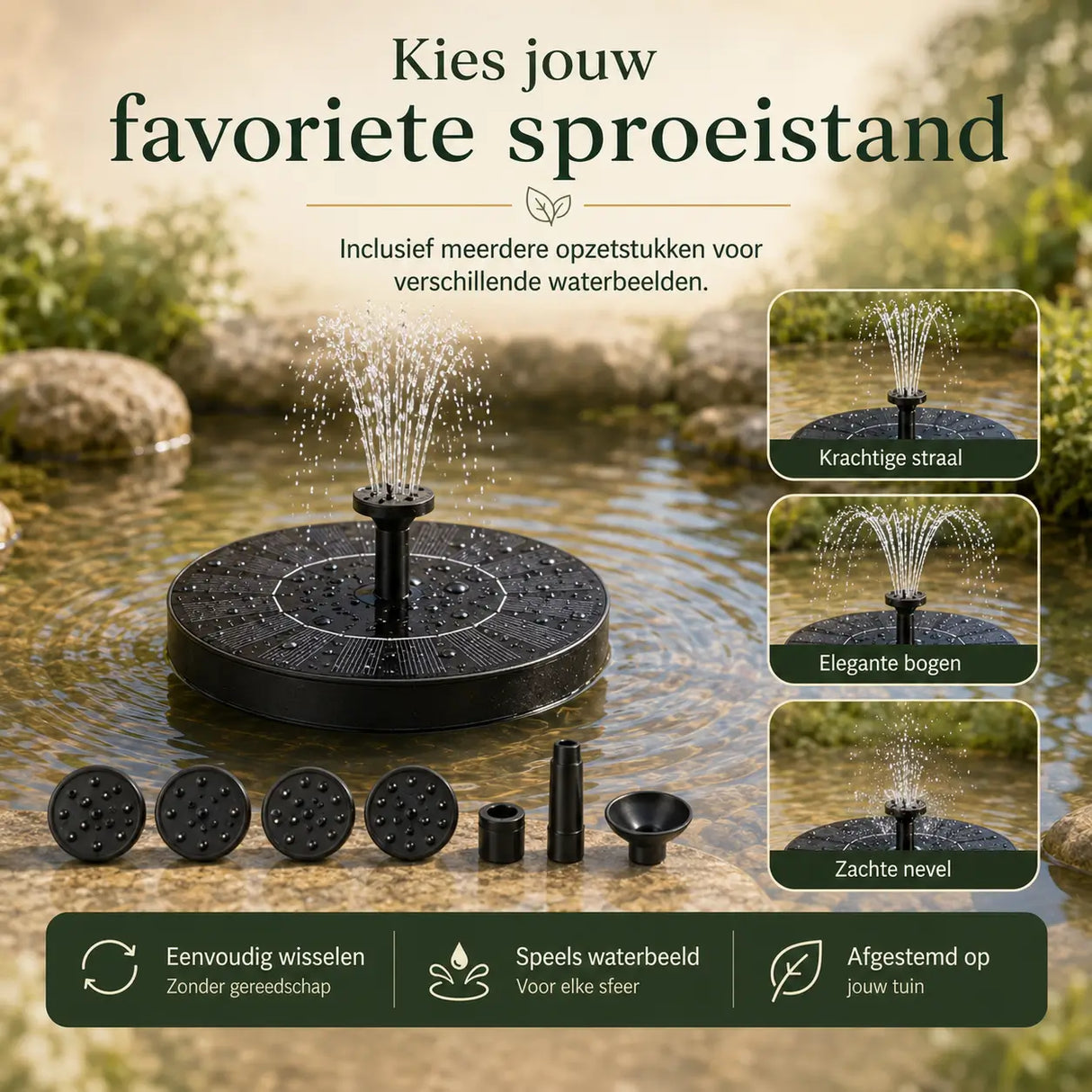 Interchangeable spray nozzle attachments for solar fountain customization.
