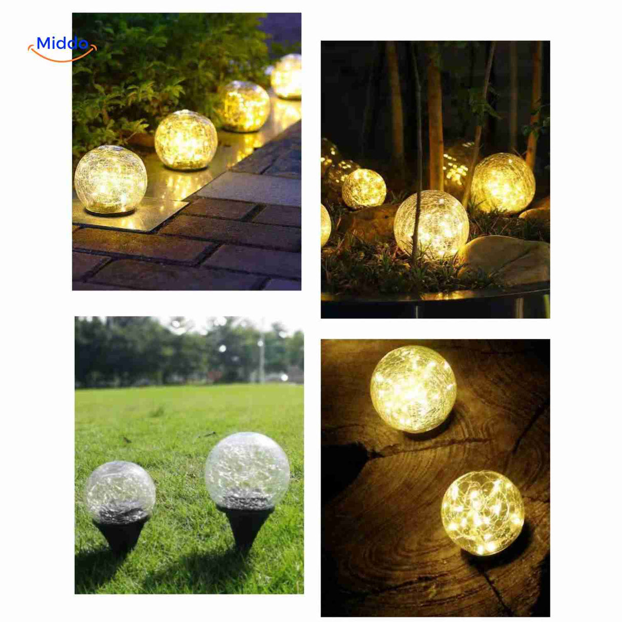 Solar LED globe lamp providing decorative illumination on garden path.