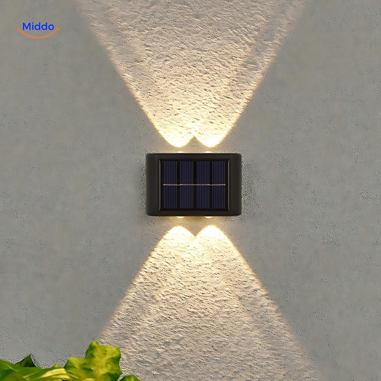 Solar wall light with warm white glow for garden, path, and patio illumination.