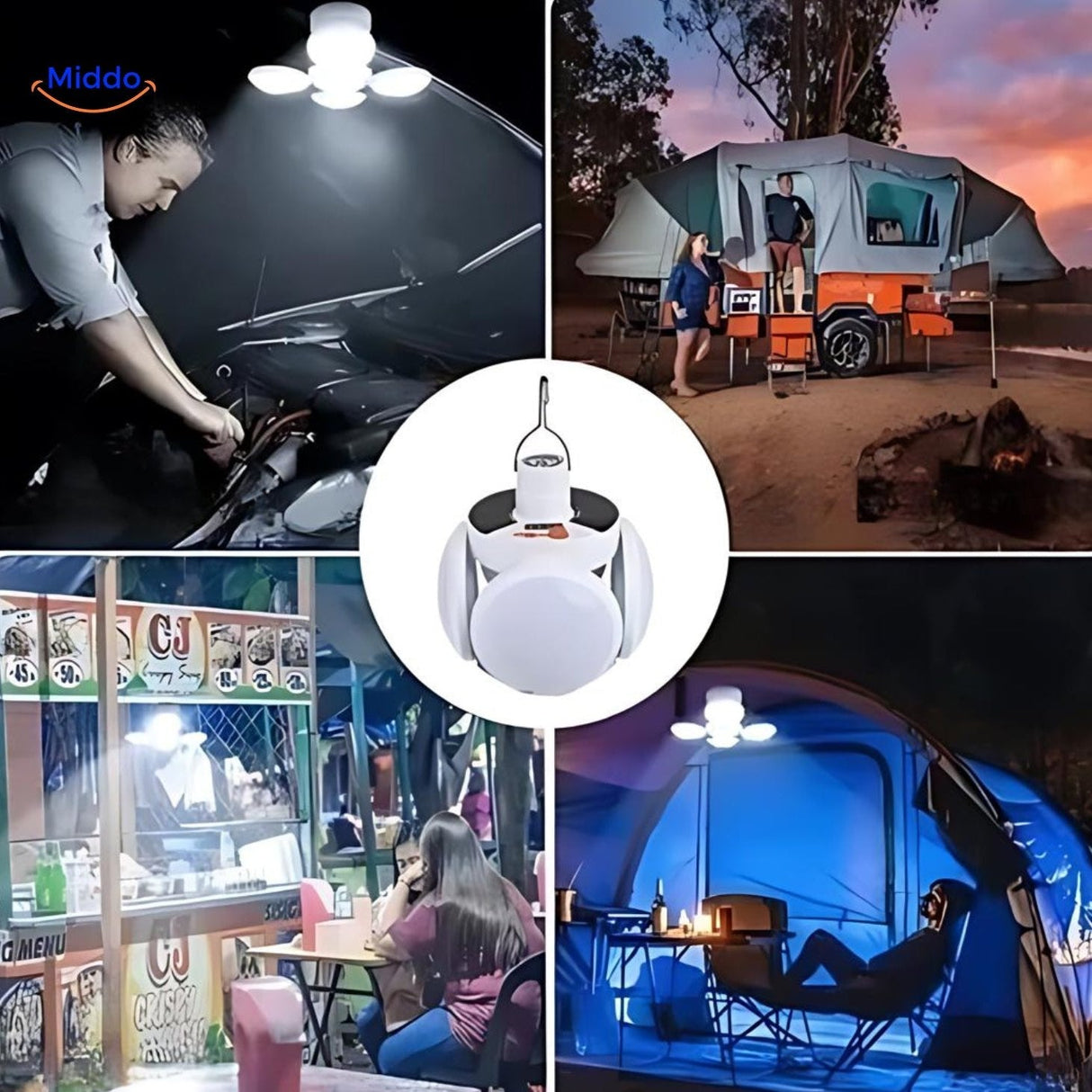 SolarFOLD portable LED outdoor lamp with USB-rechargeable battery and foldable design for camping.