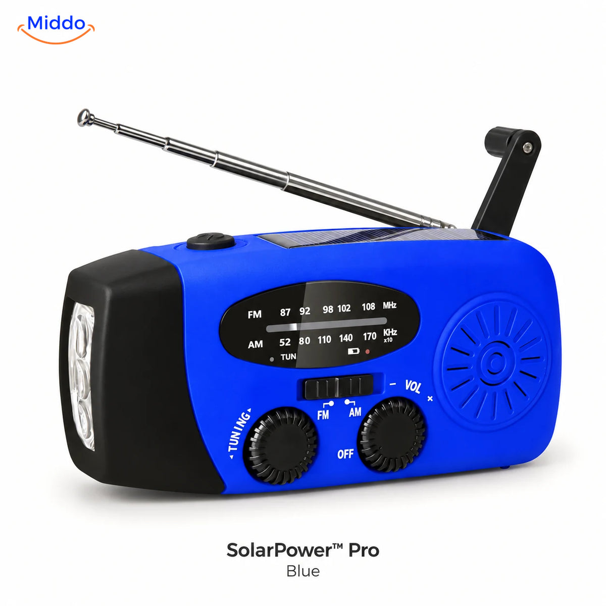 Blue SolarPower Pro emergency radio with flashlight, solar panel, hand crank, and extended antenna