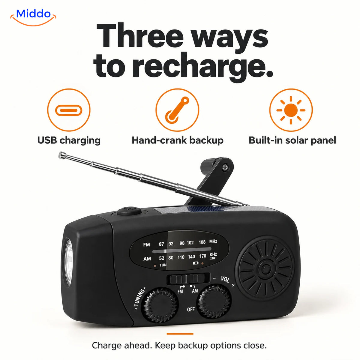 SolarPower Pro emergency radio showing USB charging, hand-crank backup, and its built-in solar panel