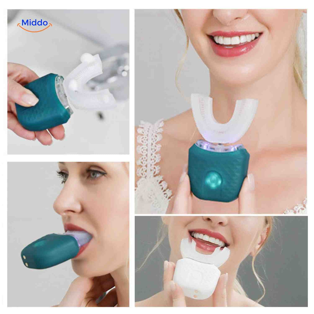 Sonic electric toothbrush shown from multiple angles with usage demonstrations.