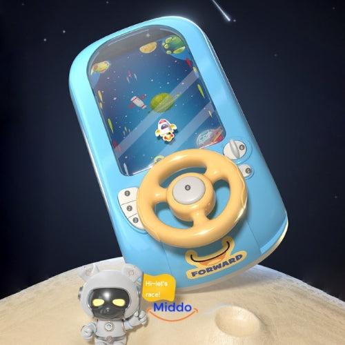Kids engaged in SpaceRacer steering wheel toy space race with realistic driving feedback.