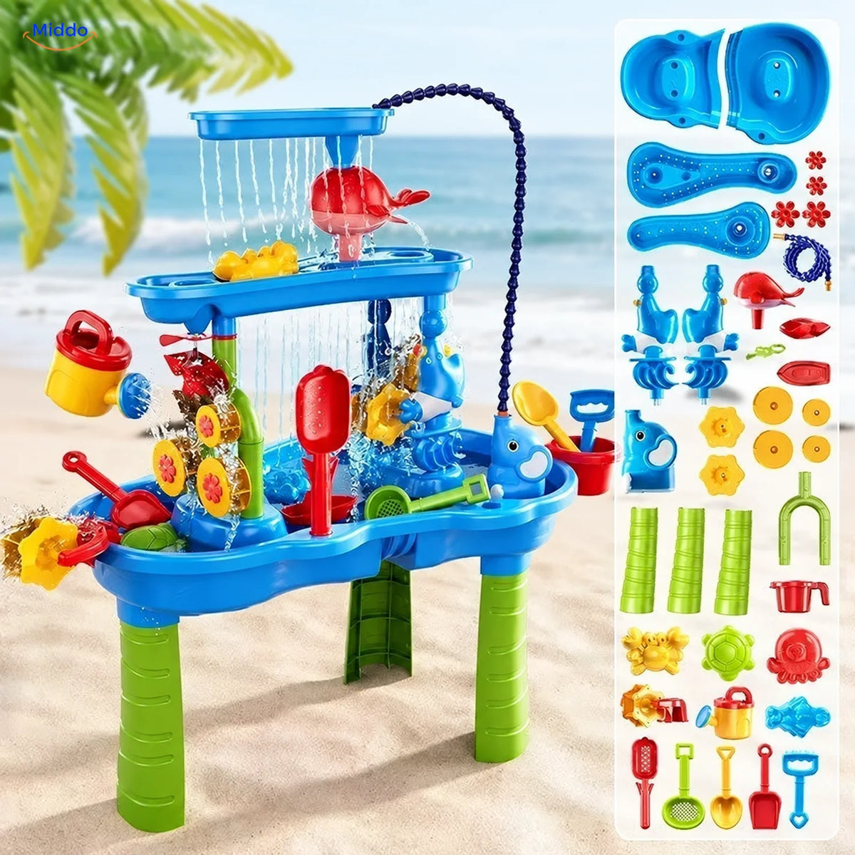 SplashPlay™ Outdoor Water and Sand Play Table Set | For Children 4-6 - Rectangular 3-Tier Water & Sand Table + Elephant Sprayer