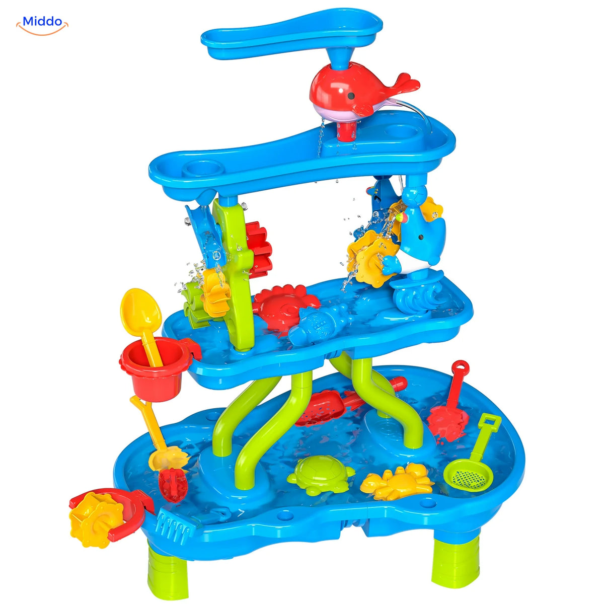 SplashPlay™ Outdoor Water and Sand Play Table Set | For Children 4-6 - Curved-Channel 4-Tier Water & Sand Table