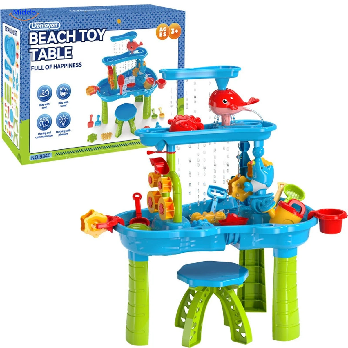 SplashPlay™ Outdoor Water and Sand Play Table Set | For Children 4-6 - Rectangular 3-Tier Water & Sand Table + Chair