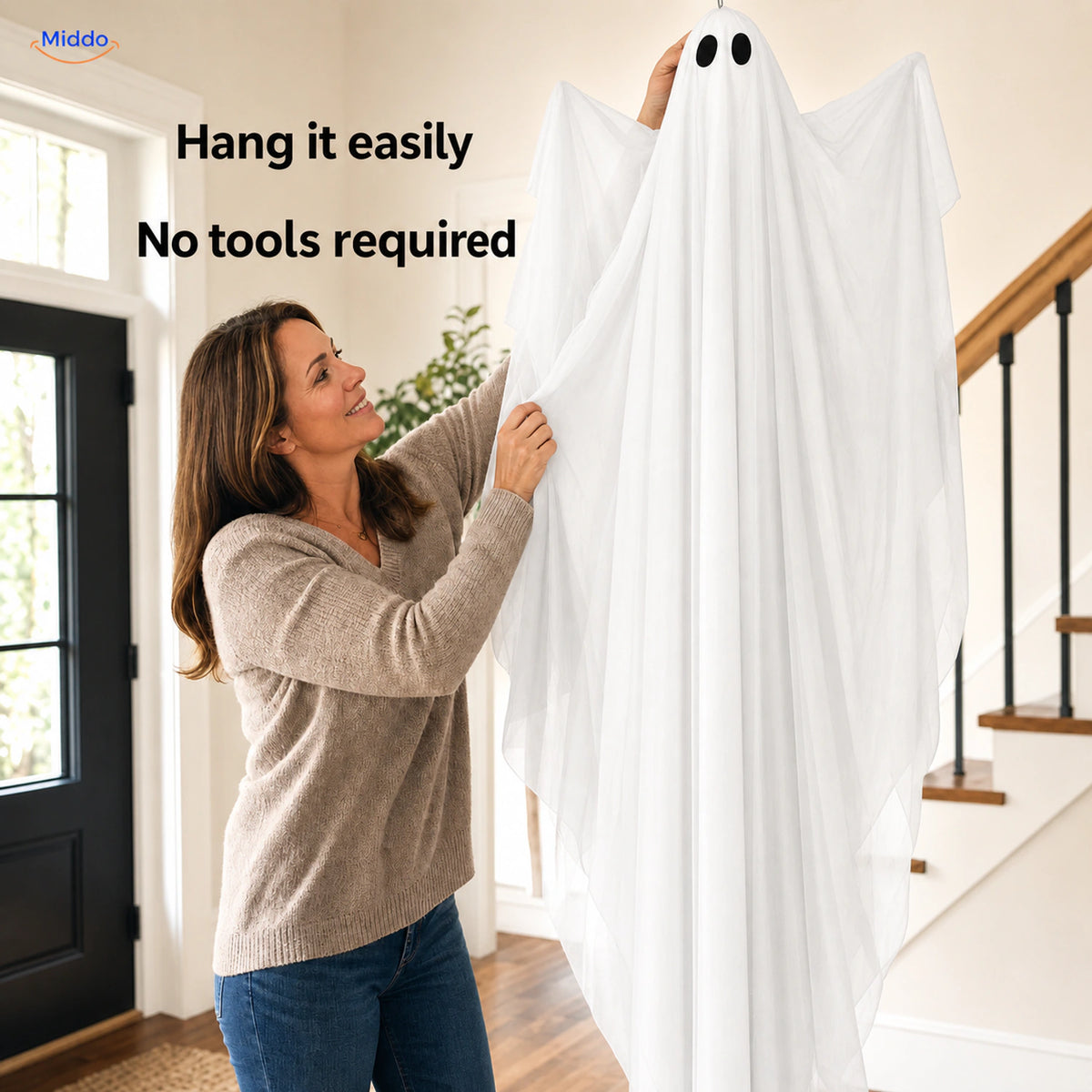 SpookGlow™ No Lights white hanging ghost being installed without tools