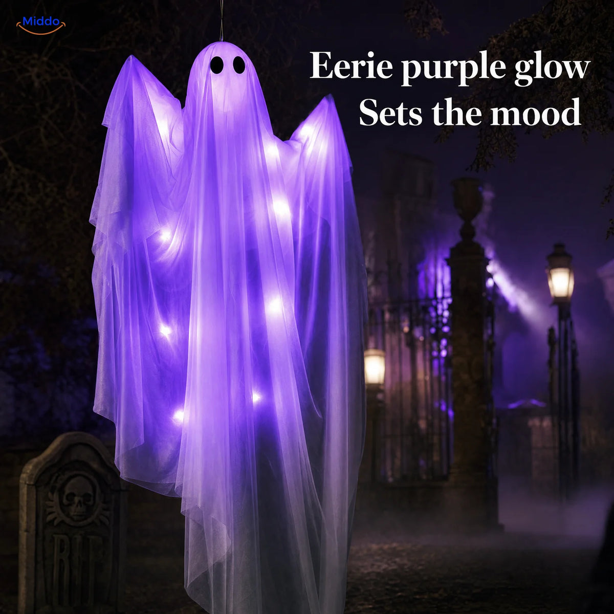 SpookGlow™ Purple String Lights hanging ghost creating an eerie glow