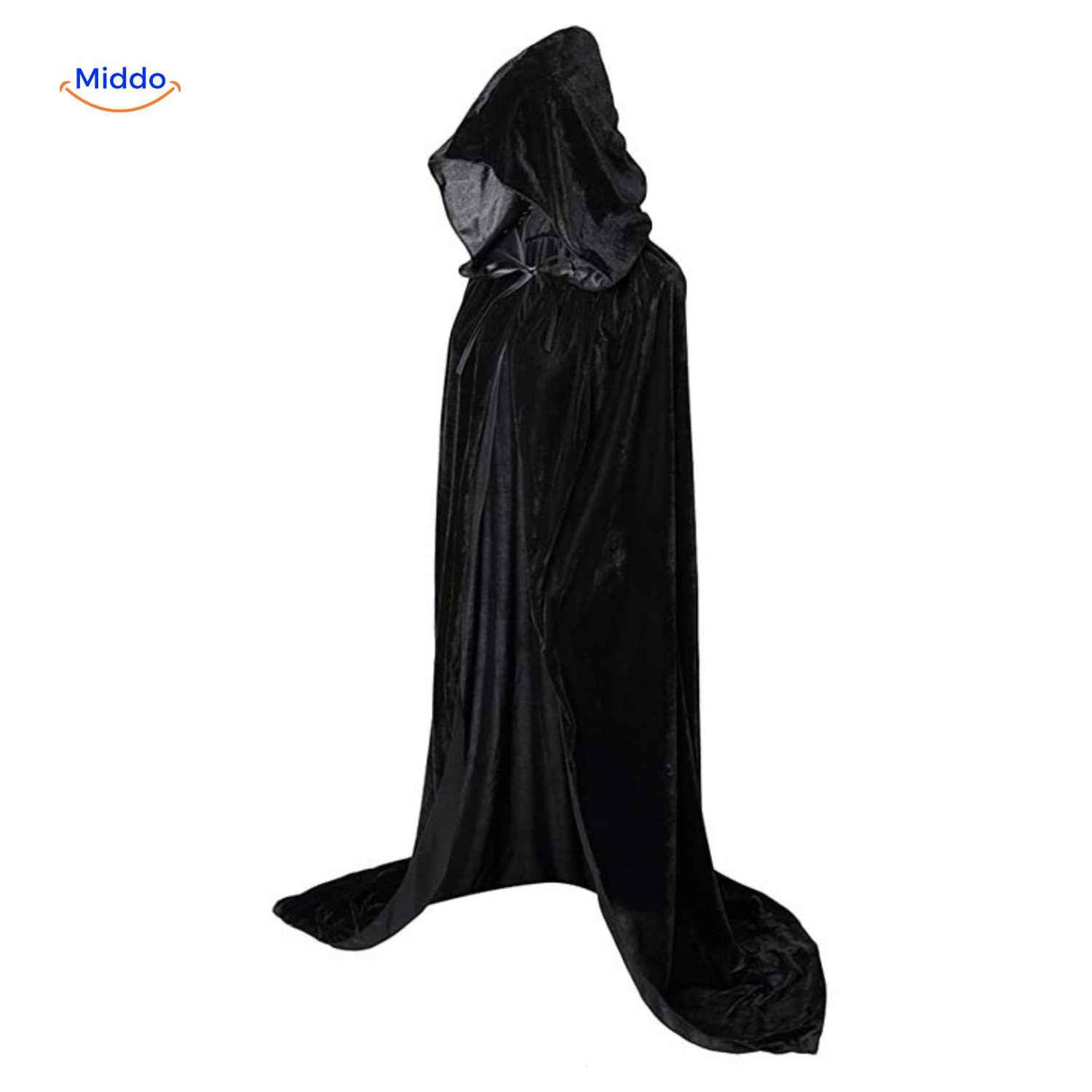 Classic black velvet hooded Spookora cape in traditional long style for costumes.