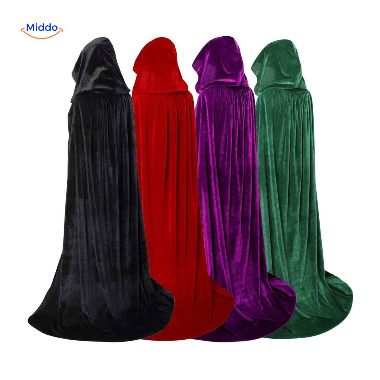 Spookora cape color collection showcasing black, red, purple, and green velvet options.