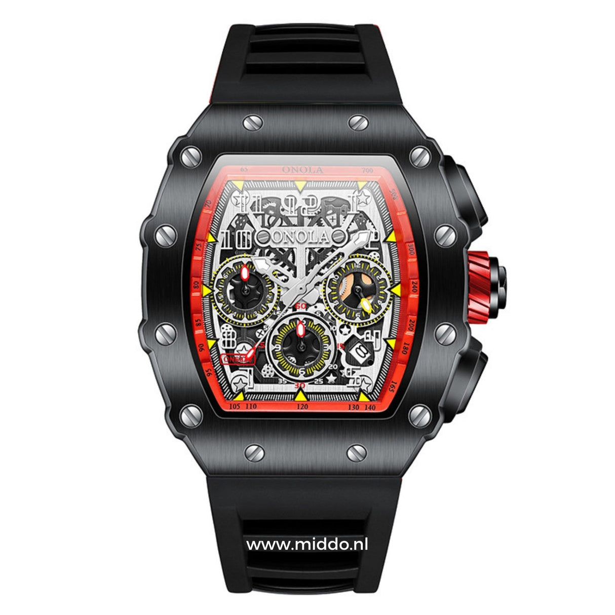 Men's sport chronograph watch with black dial and red accents.