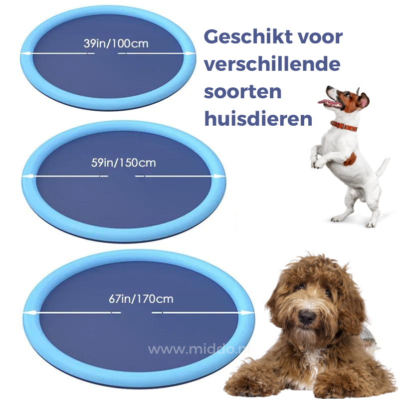 Size chart showing different sprinkler mat dimensions for pets