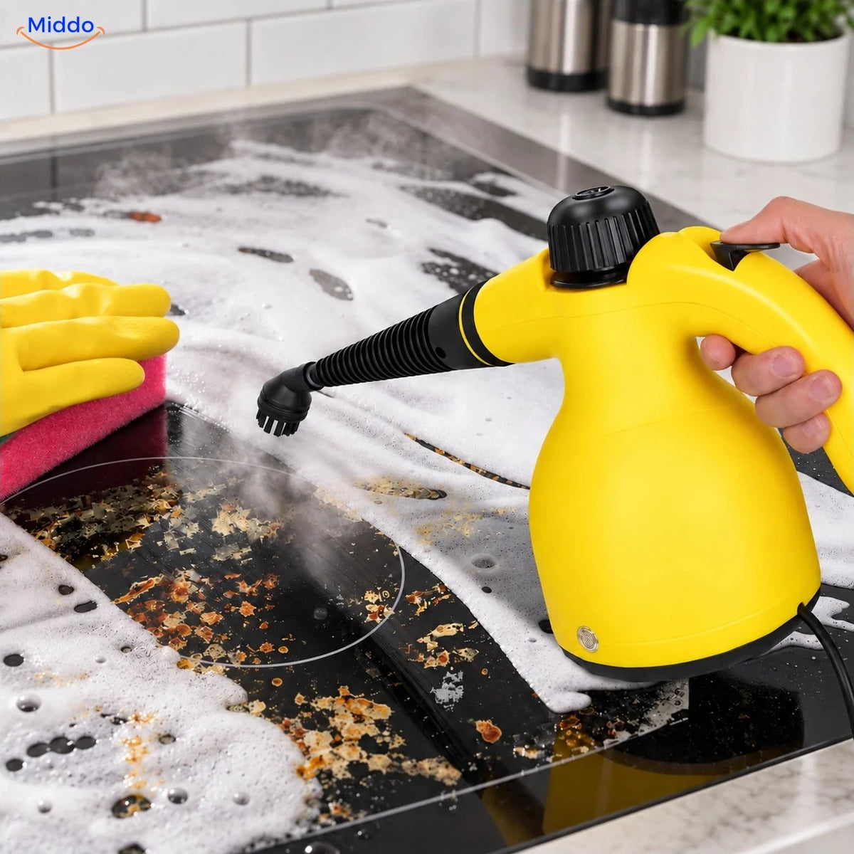 Steamora handheld steam cleaner with round brush on a cooktop