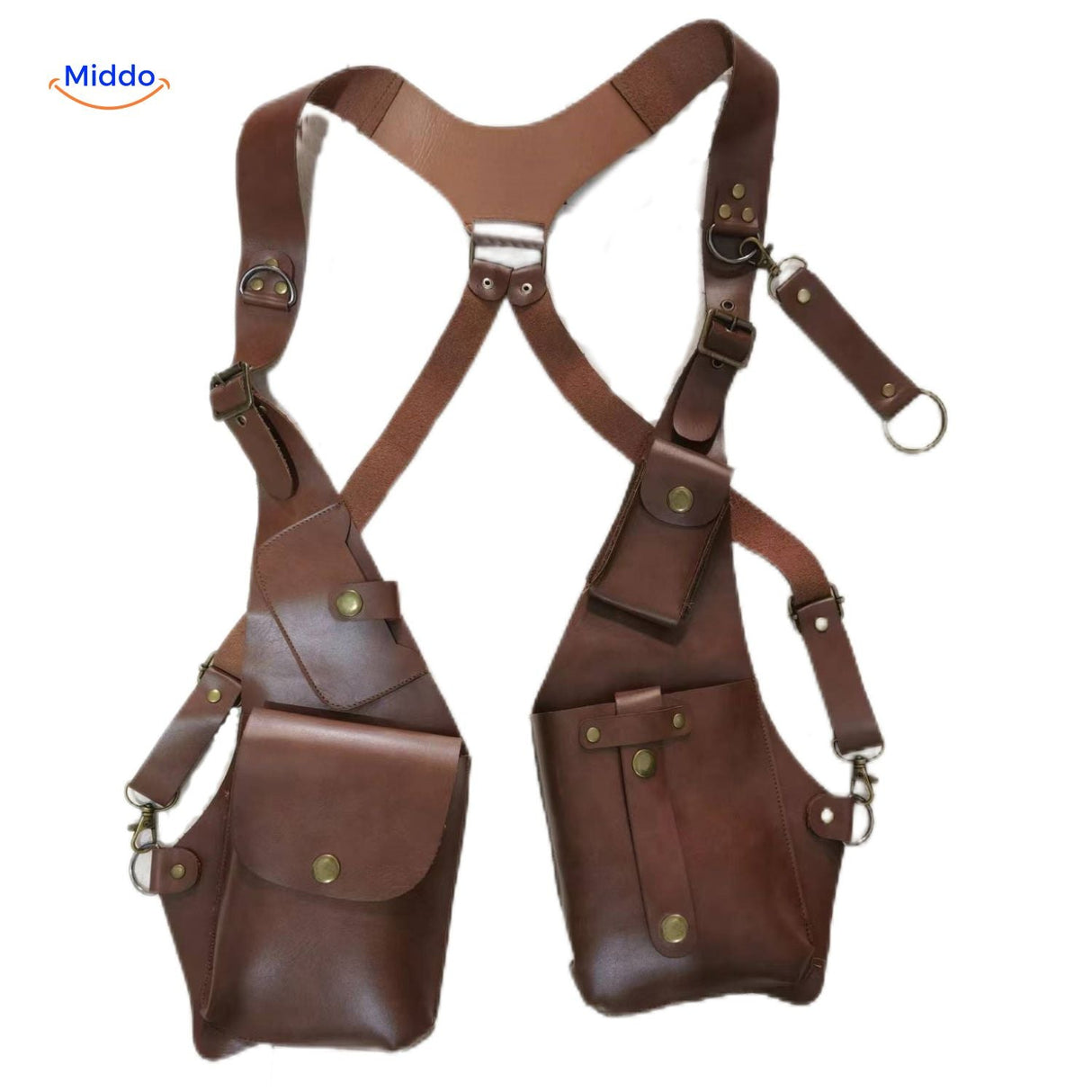 Brown steampunk shoulder bag showing hanging interior pockets and storage.