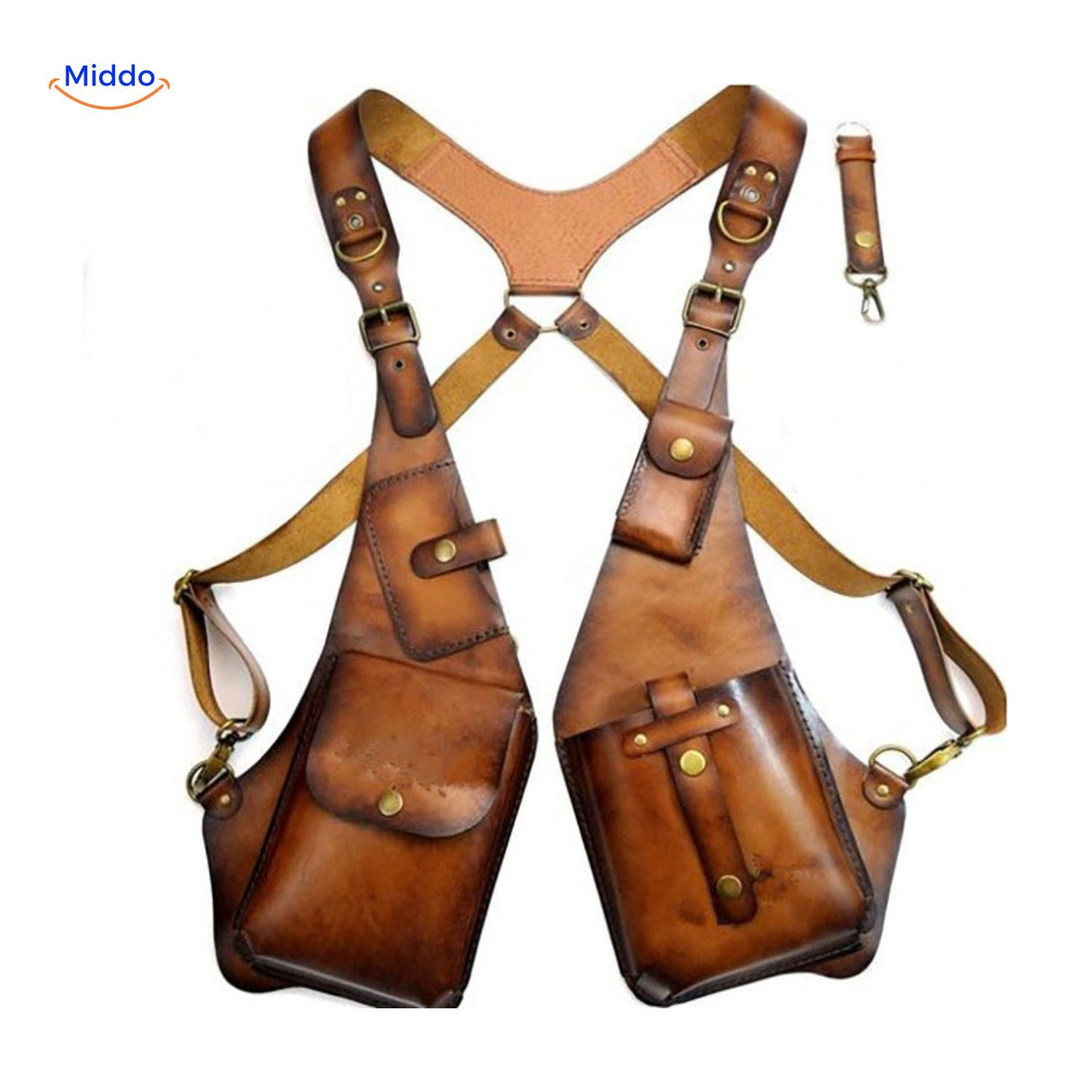 Tan and brown leather steampunk shoulder holster bag.