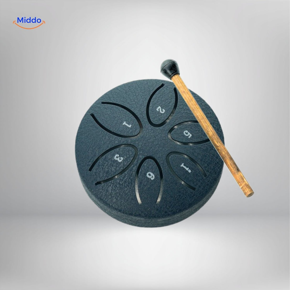Mini black steel tongue drum compact size with single beater included.