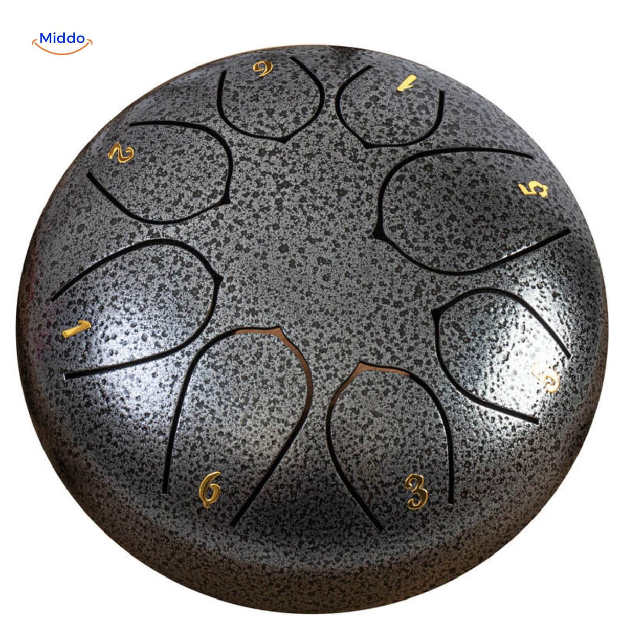 Dark silver steel tongue drum with modern sleek metallic appearance.