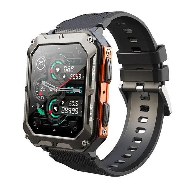 Steellink smartwatch in black and orange color combination.