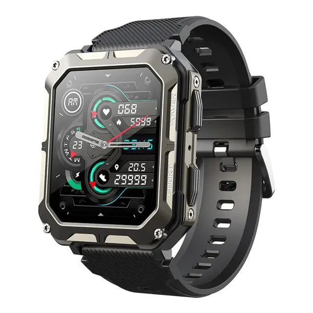 Rugged smartwatch in sleek black finish.