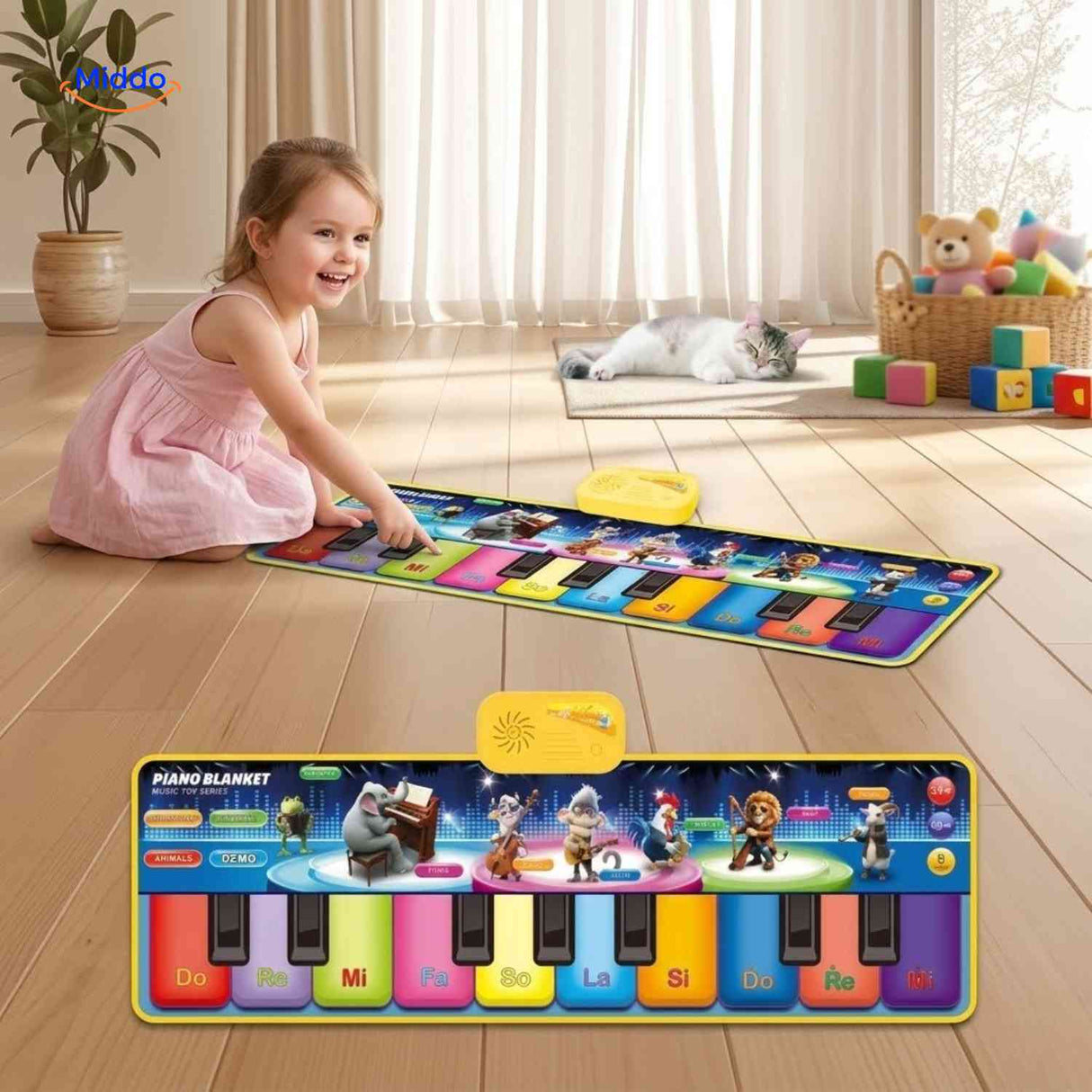 Girl playing piano keys on interactive dance mat activity