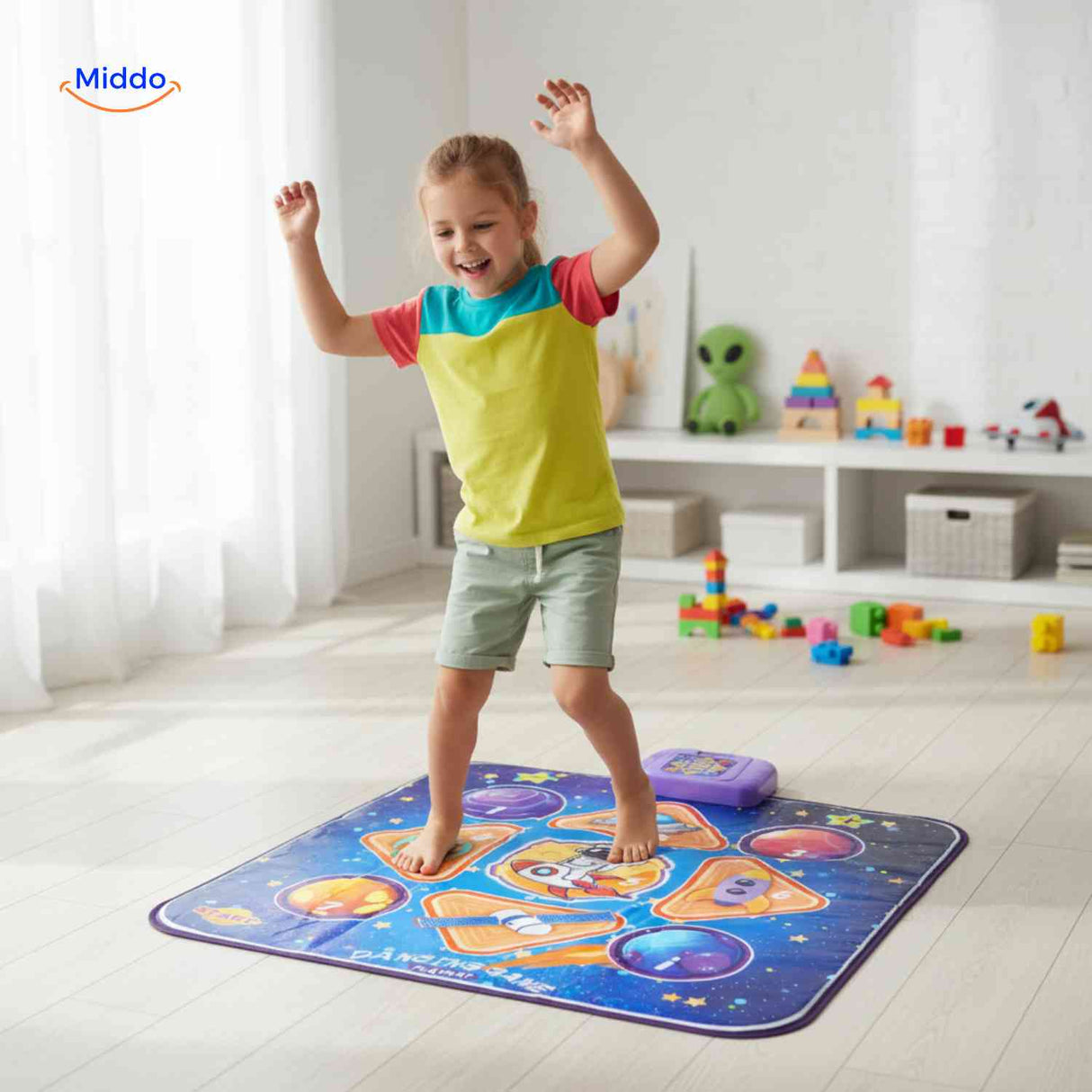 Baby playing music on dance mat with drum and piano sounds