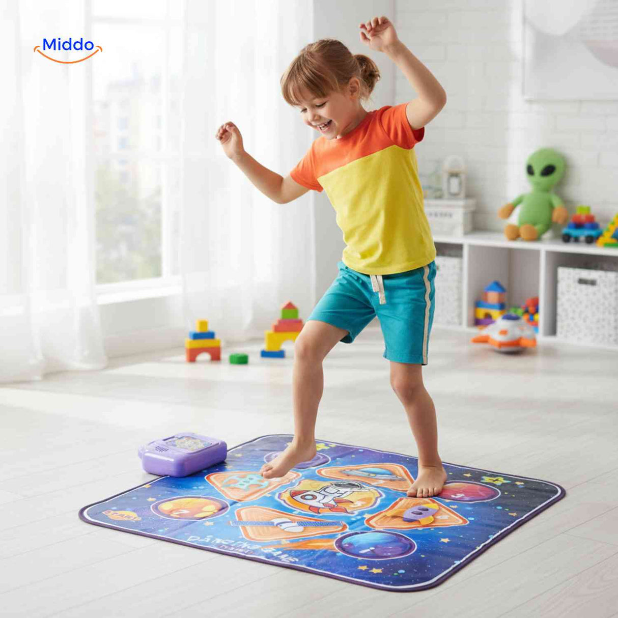 Child playing on space-themed interactive dance and music mat