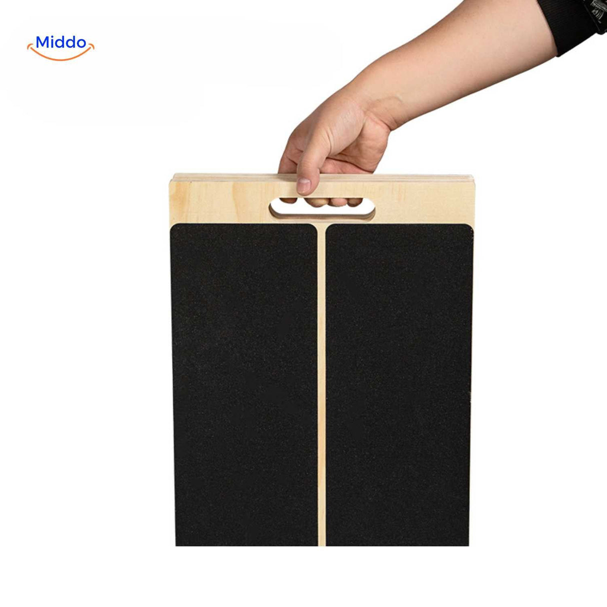 Stretch board featuring integrated handle for easy transport between rooms or storage.