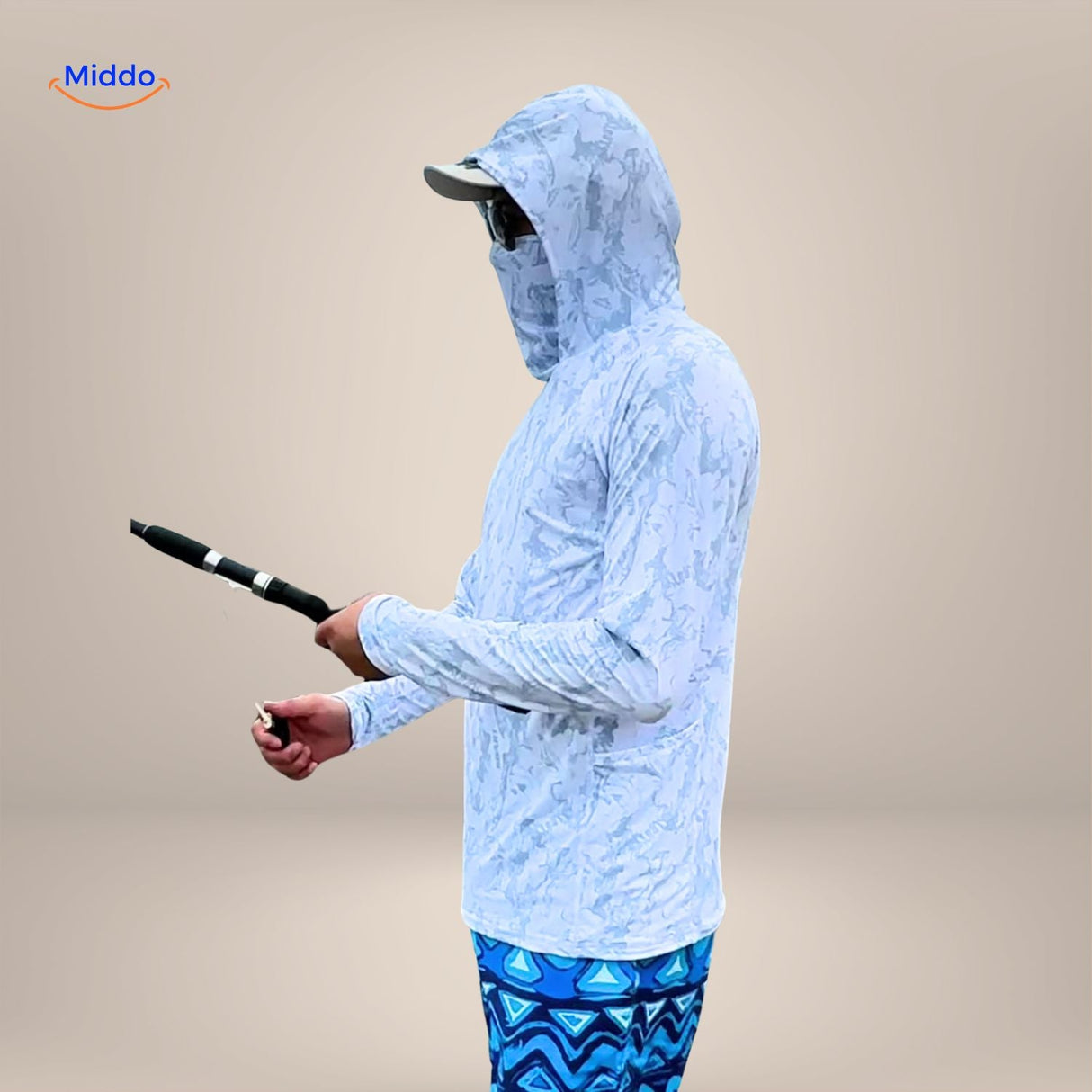 Light camouflage UPF50+ sun shirt variant displayed with fishing rod