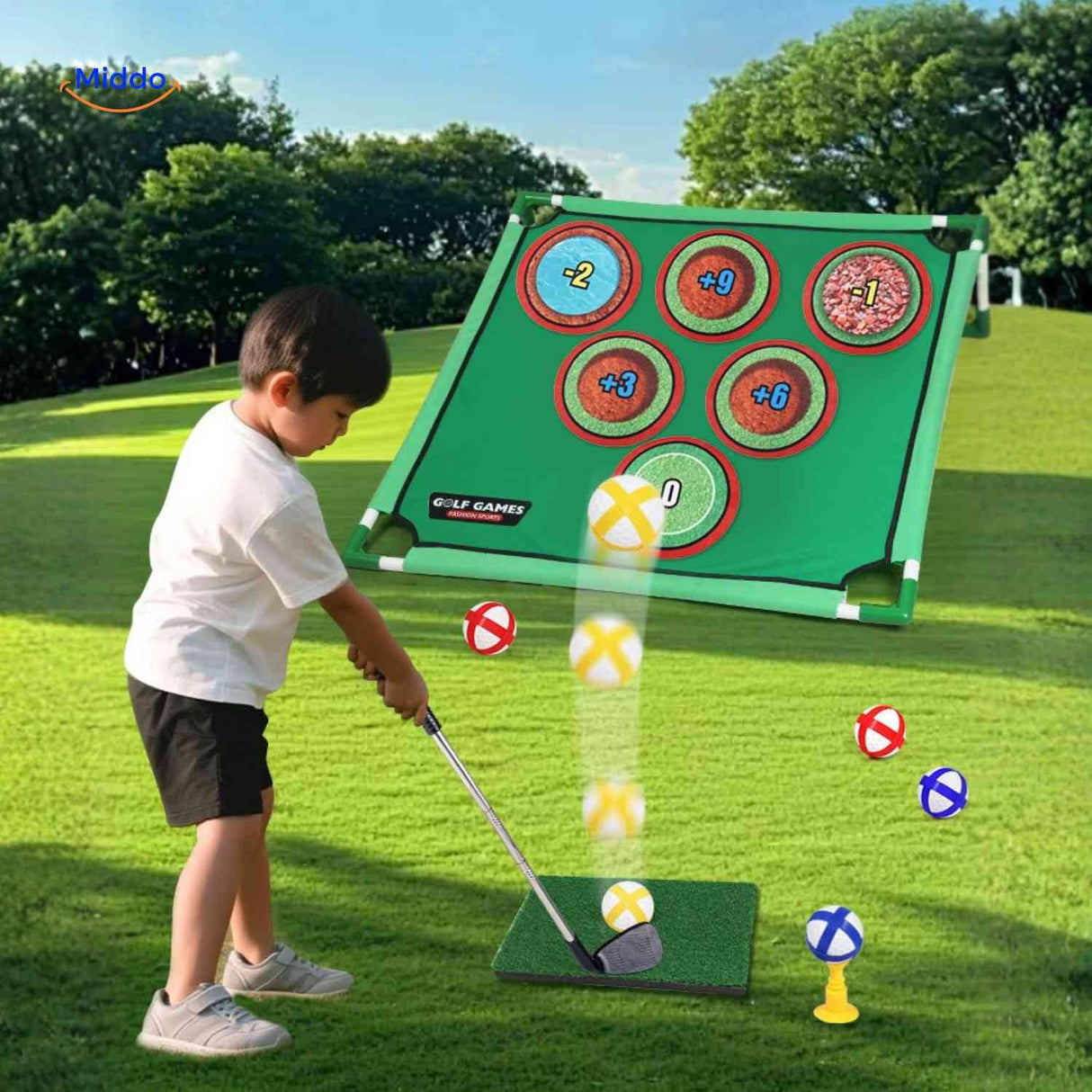 Swing training golf game played outdoors for kids skill development.