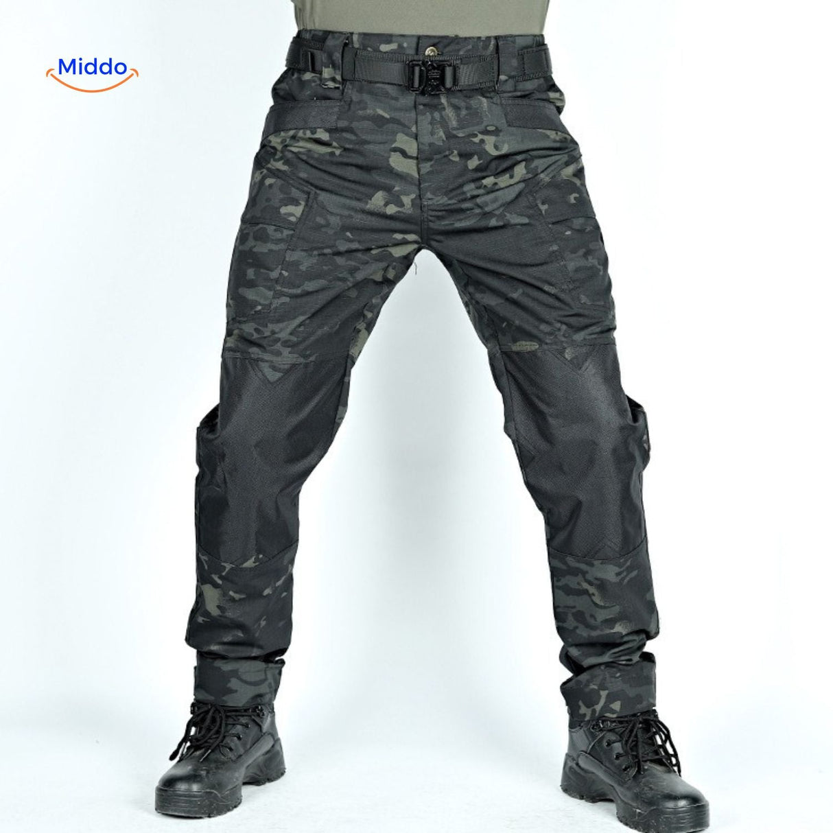 RaiderPro tactical pants in black camouflage with ripstop fabric.