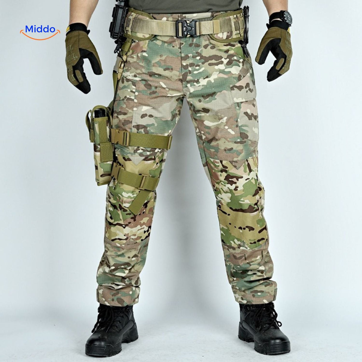 Rip-resistant tactical pants in camouflage pattern with multiple pockets.