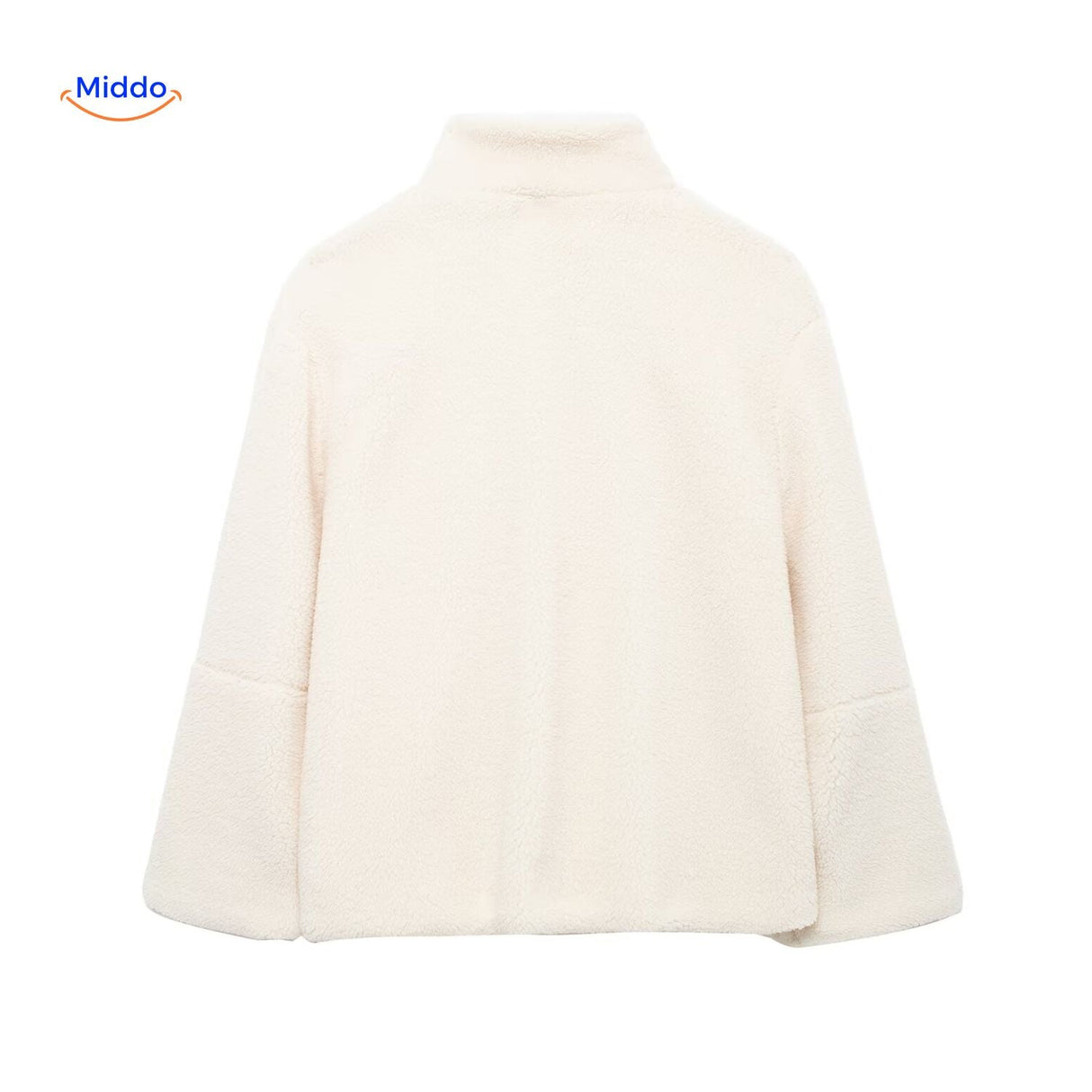 White teddy wool coat back view showing high collar and rear silhouette.