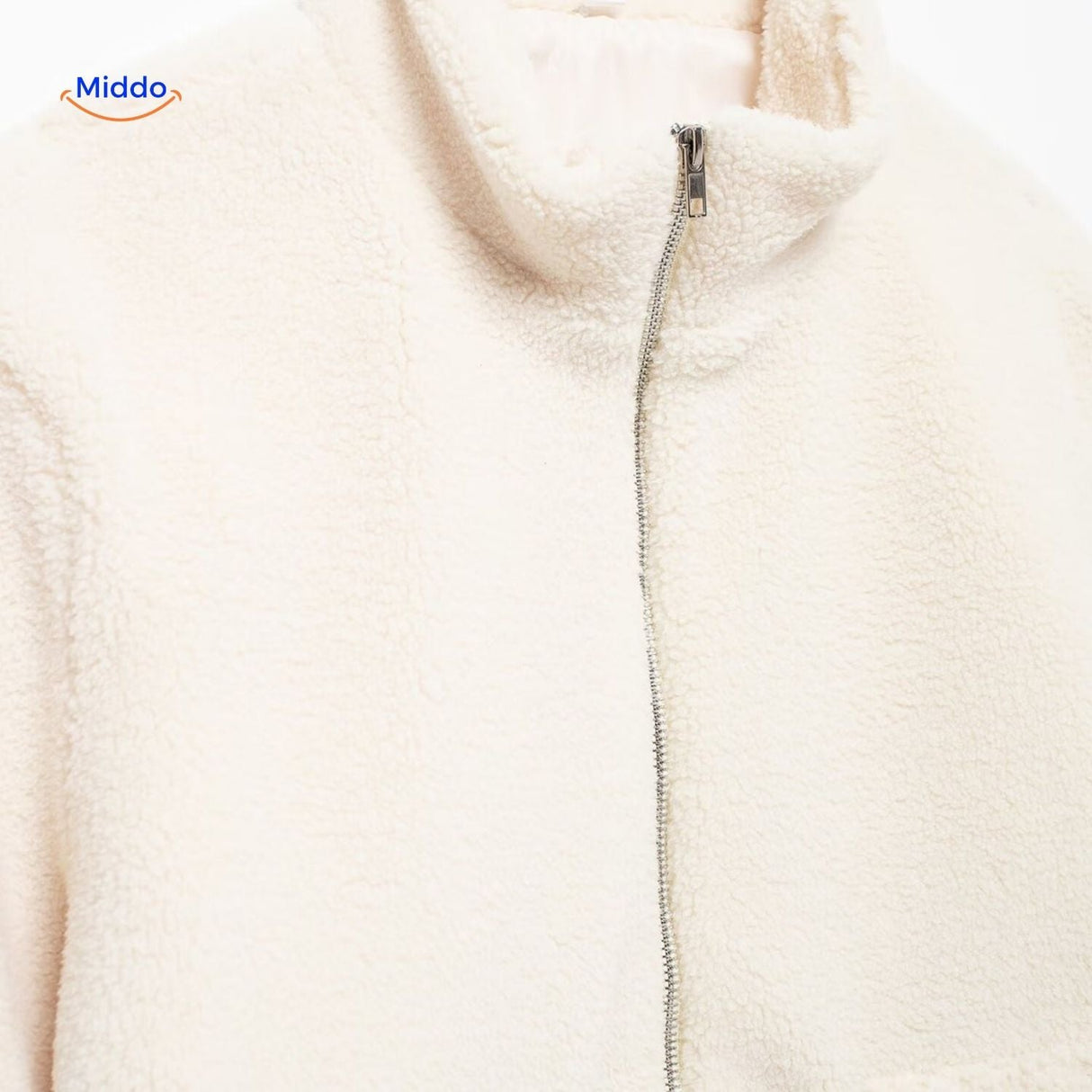 White teddy wool coat front zipper view with high collar design prominent.