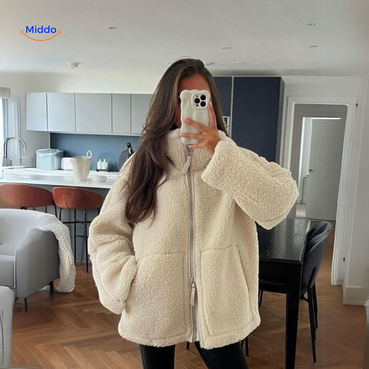 White teddy wool coat front view with high collar detail clearly visible.