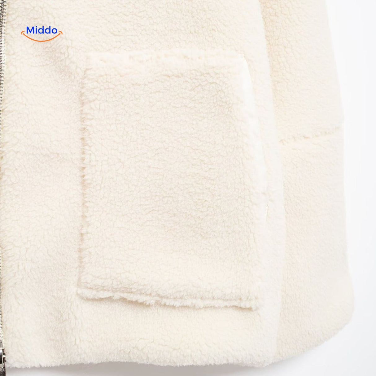 White teddy wool coat upper zipper detail showing collar and neck construction.