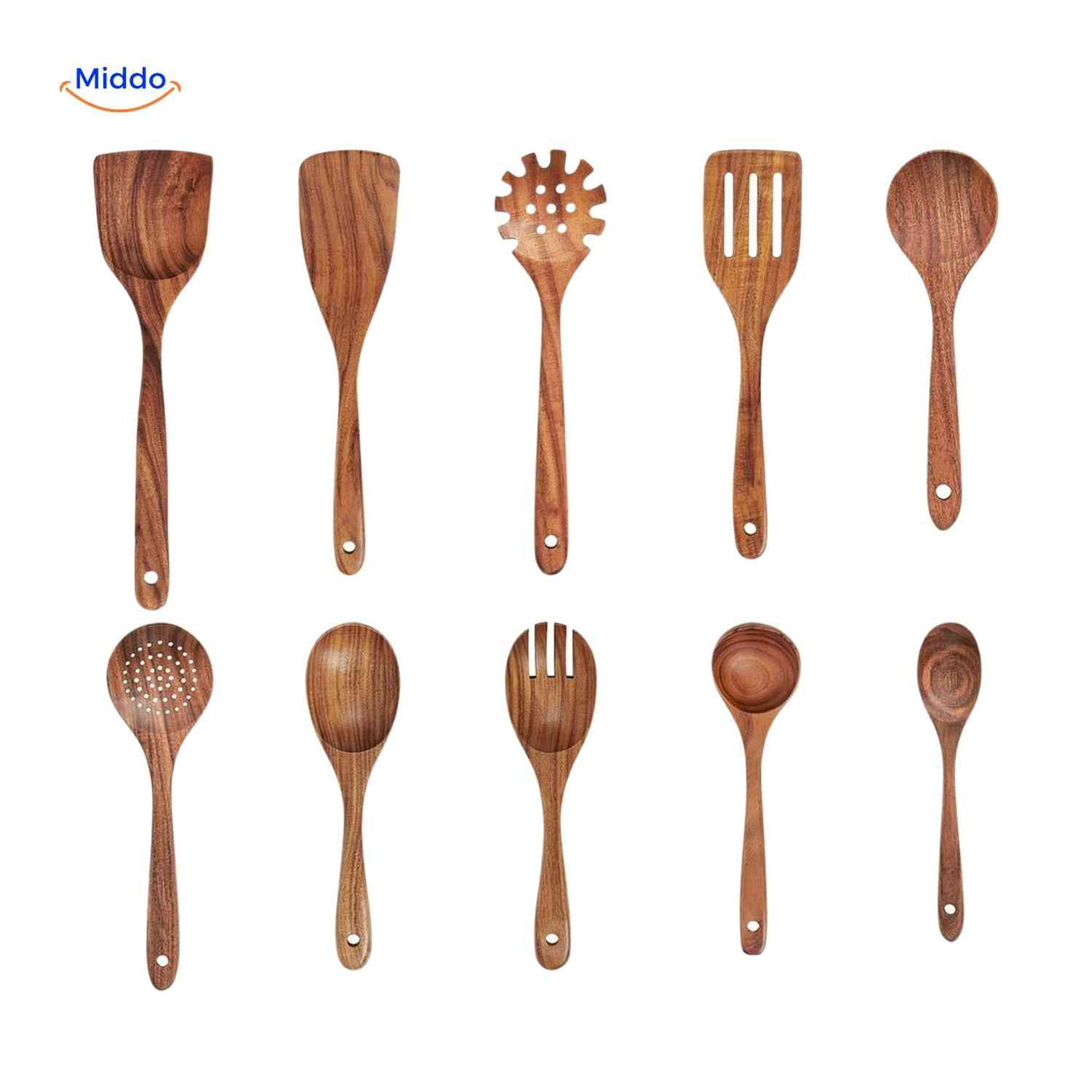 Ten-piece wooden kitchen utensil set with comprehensive selection of cooking tools.