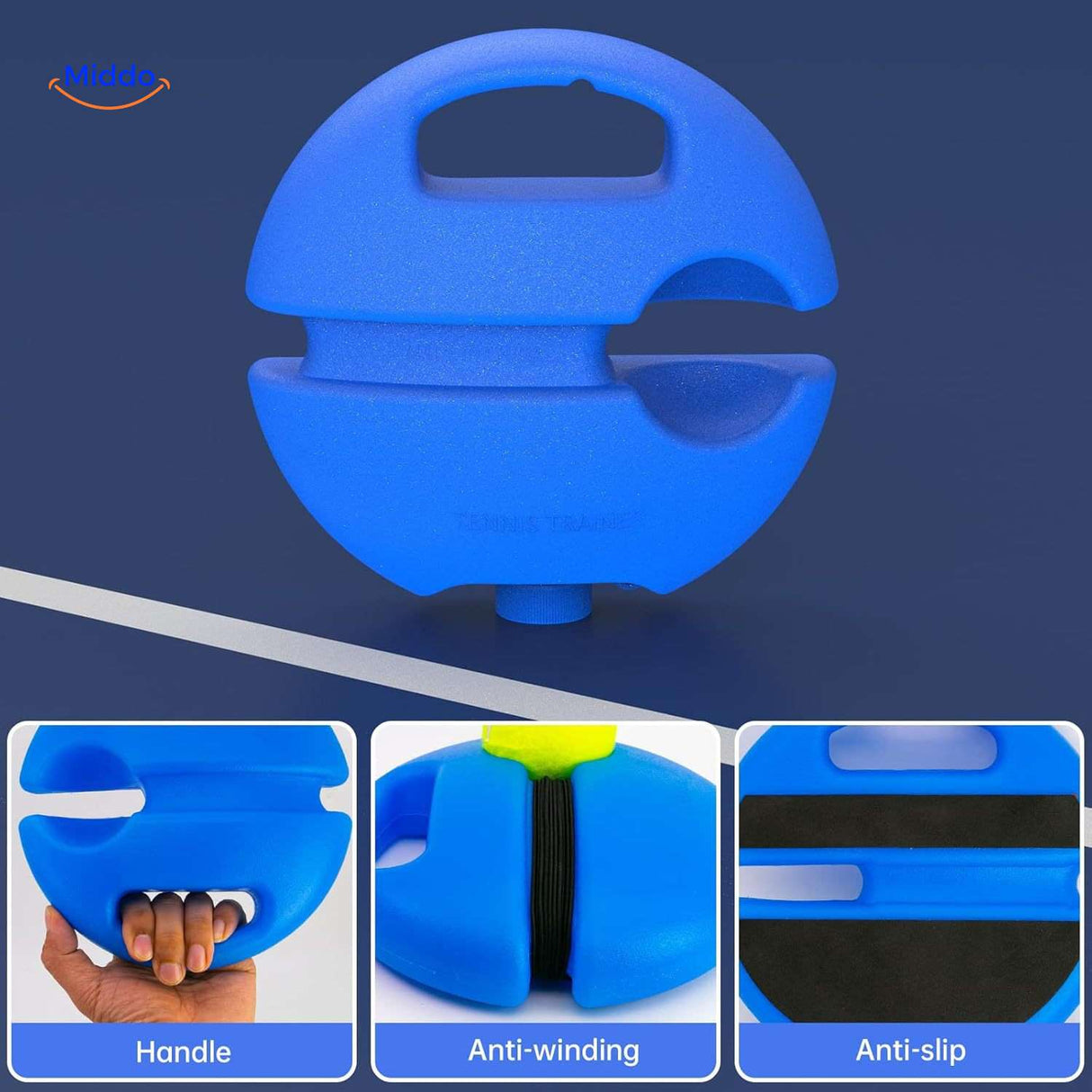Solo tennis trainer featuring anti-slip base, ergonomic handle, and anti-tangle cord design.