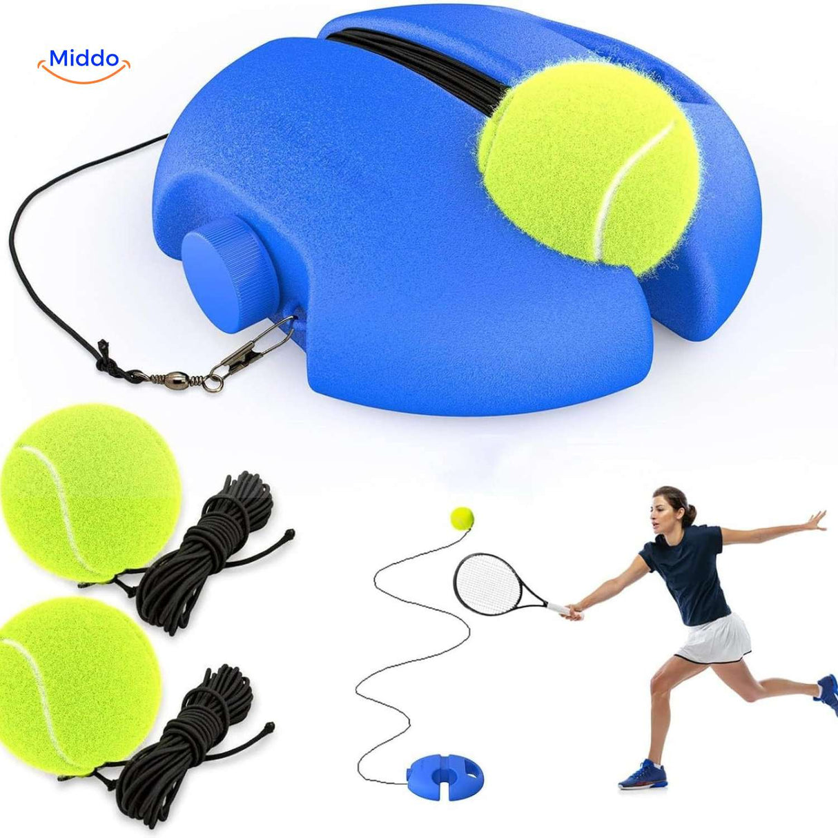 Tennis trainer base with elastic ball set up for stroke technique and swing training.