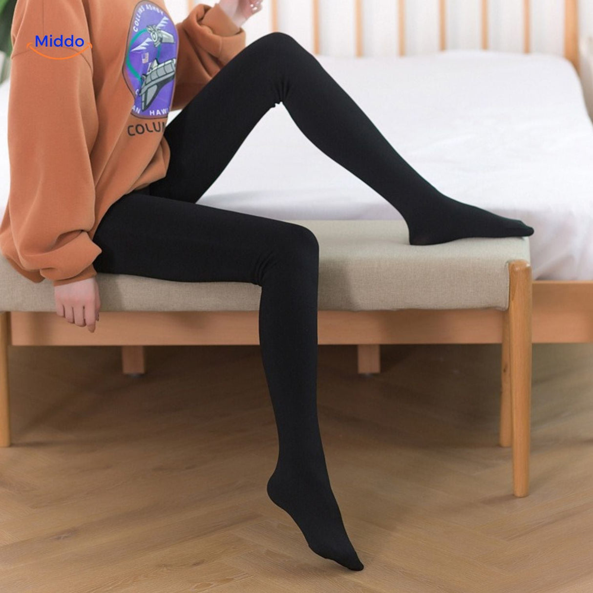 Unrolled thermal fleece-lined winter tights showing beige and black options.