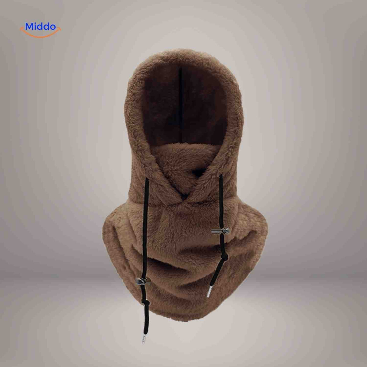 Brown thermo hat with fleece hood and full coverage for winter face mask needs.