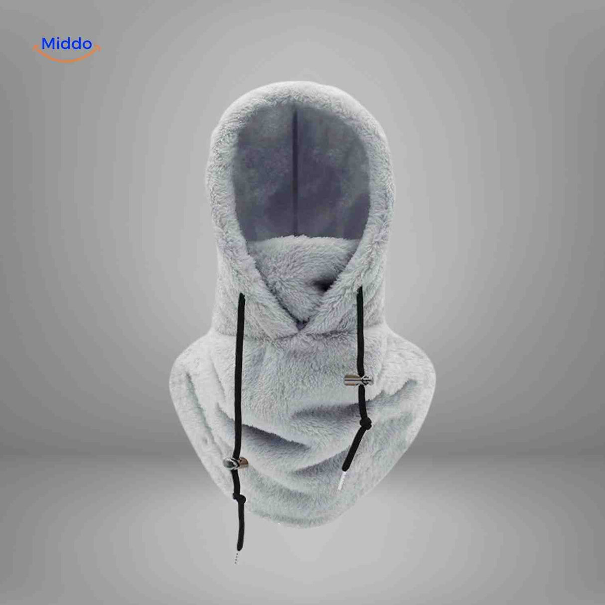 Light grey thermo hat with fleece construction and integrated cold weather protection.
