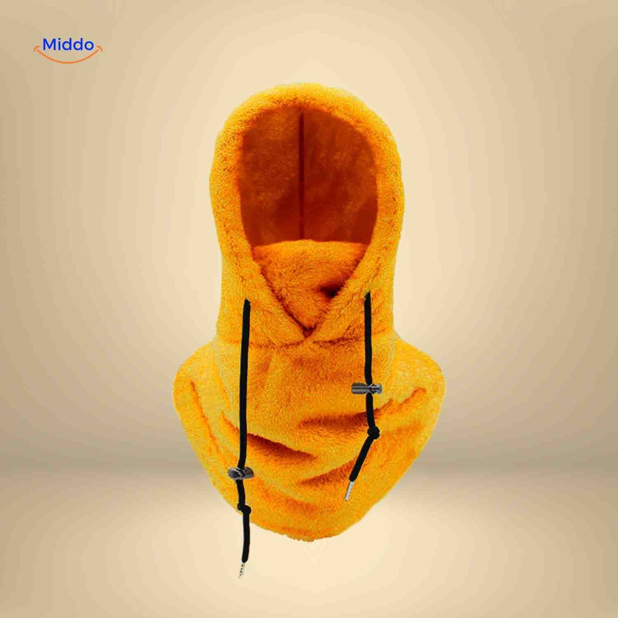 SnowShield thermo hat in vibrant orange with fleece hood and integrated neck warmer.