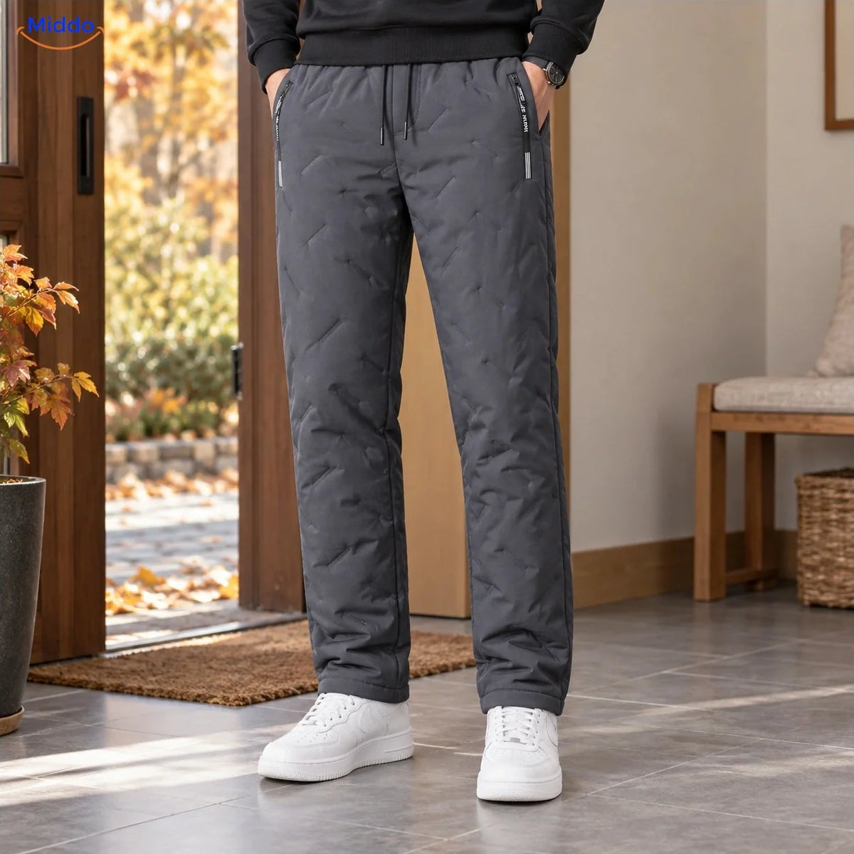 Thermoflex fleece lined winter pants worn in gray, straight leg