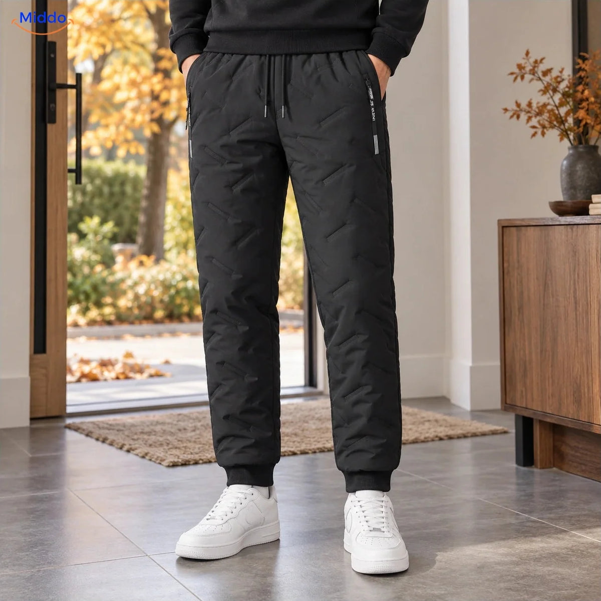 Thermoflex fleece lined winter pants worn in black, ribbed cuff