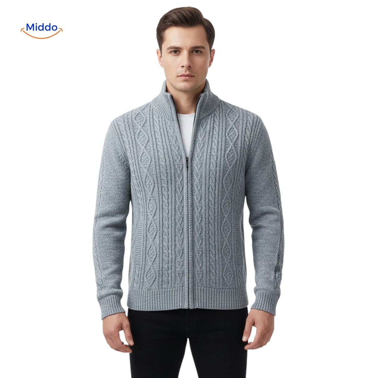 Full front view of gray thermoknit vest for men, displaying complete silhouette and fit.