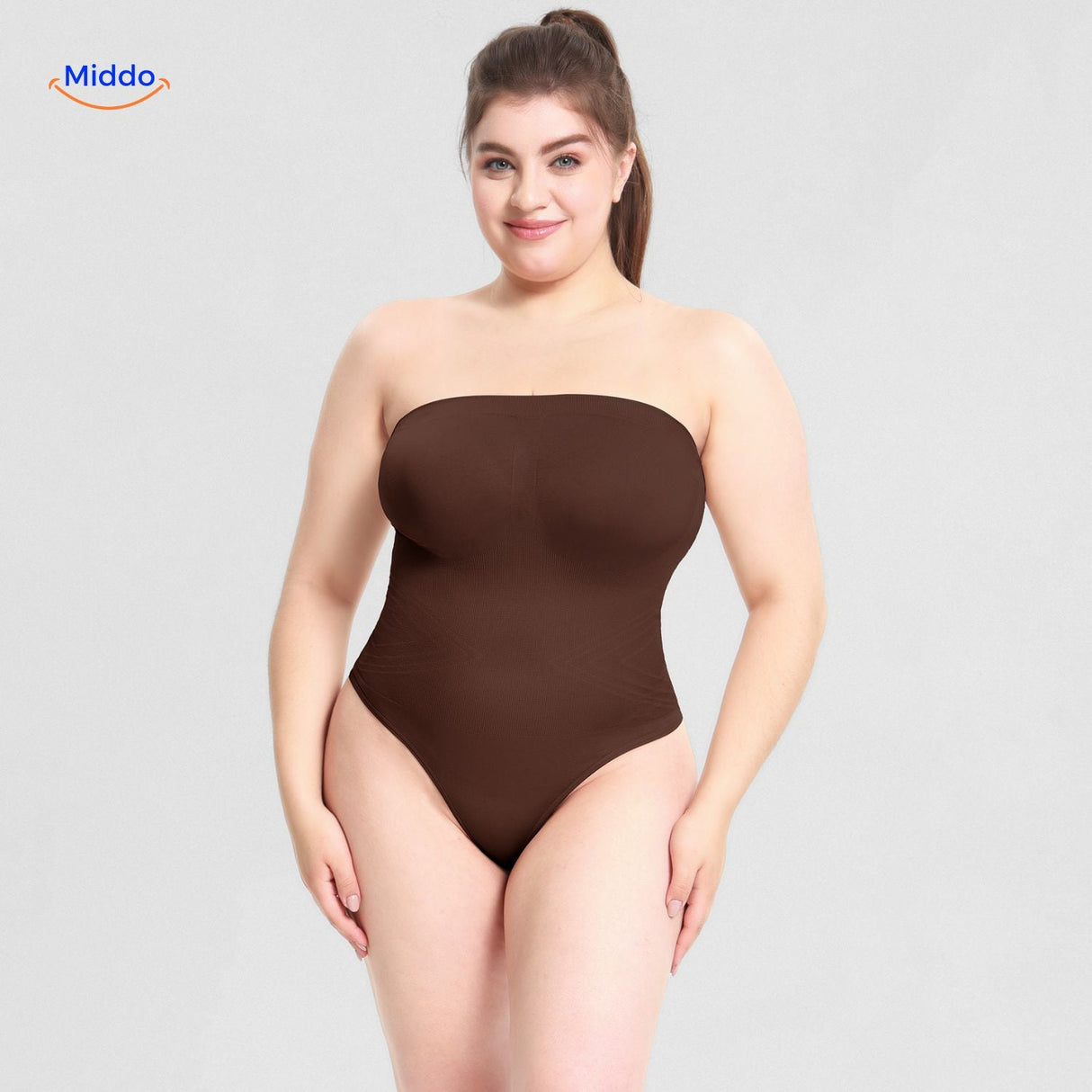 Brown thong body-shaping bodysuit combining support with comfort.